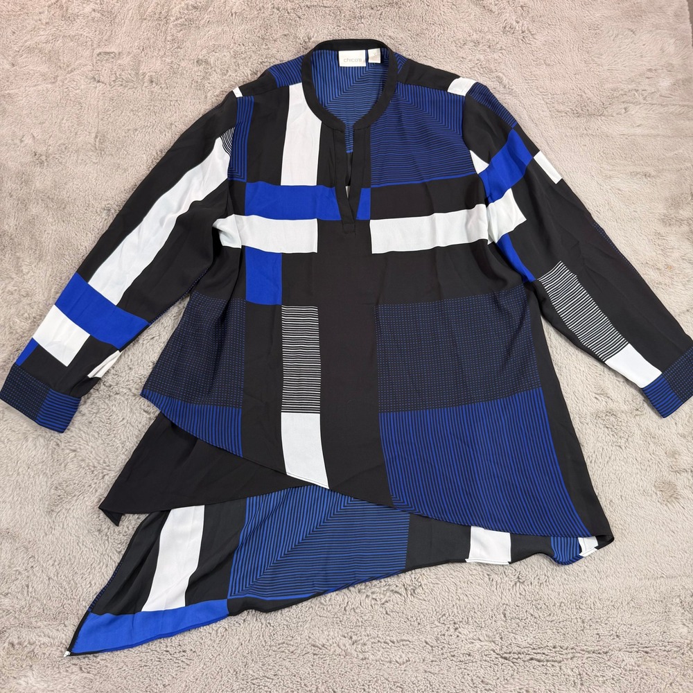 Chicos Size XL Tunic Top Asymmetrical Geometric Print Blue White‎ Black Office